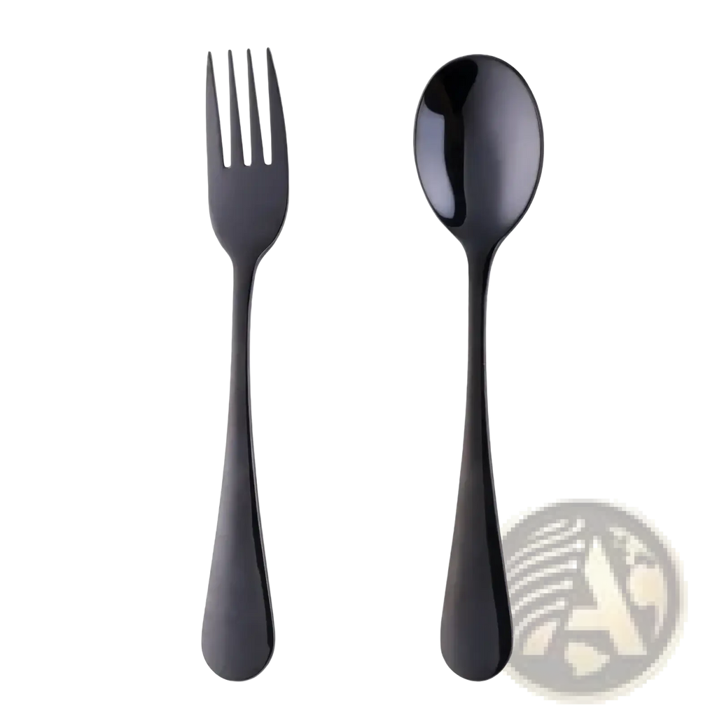 Kids stainless steel fork and spoon flatware set in black matte finish designed for durability and child use