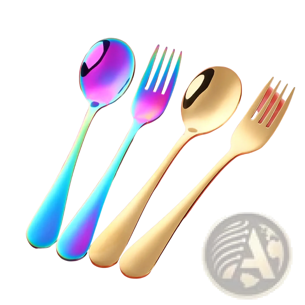 Set of four kids stainless steel fork and spoon flatware with iridescent rainbow finish and sleek metallic handles