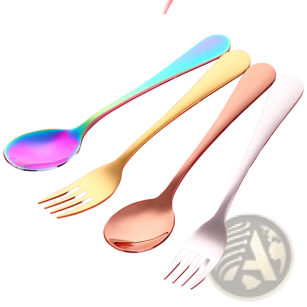 Set of four kids stainless steel fork and spoon flatware in iridescent rainbow gold rose gold and silver finishes