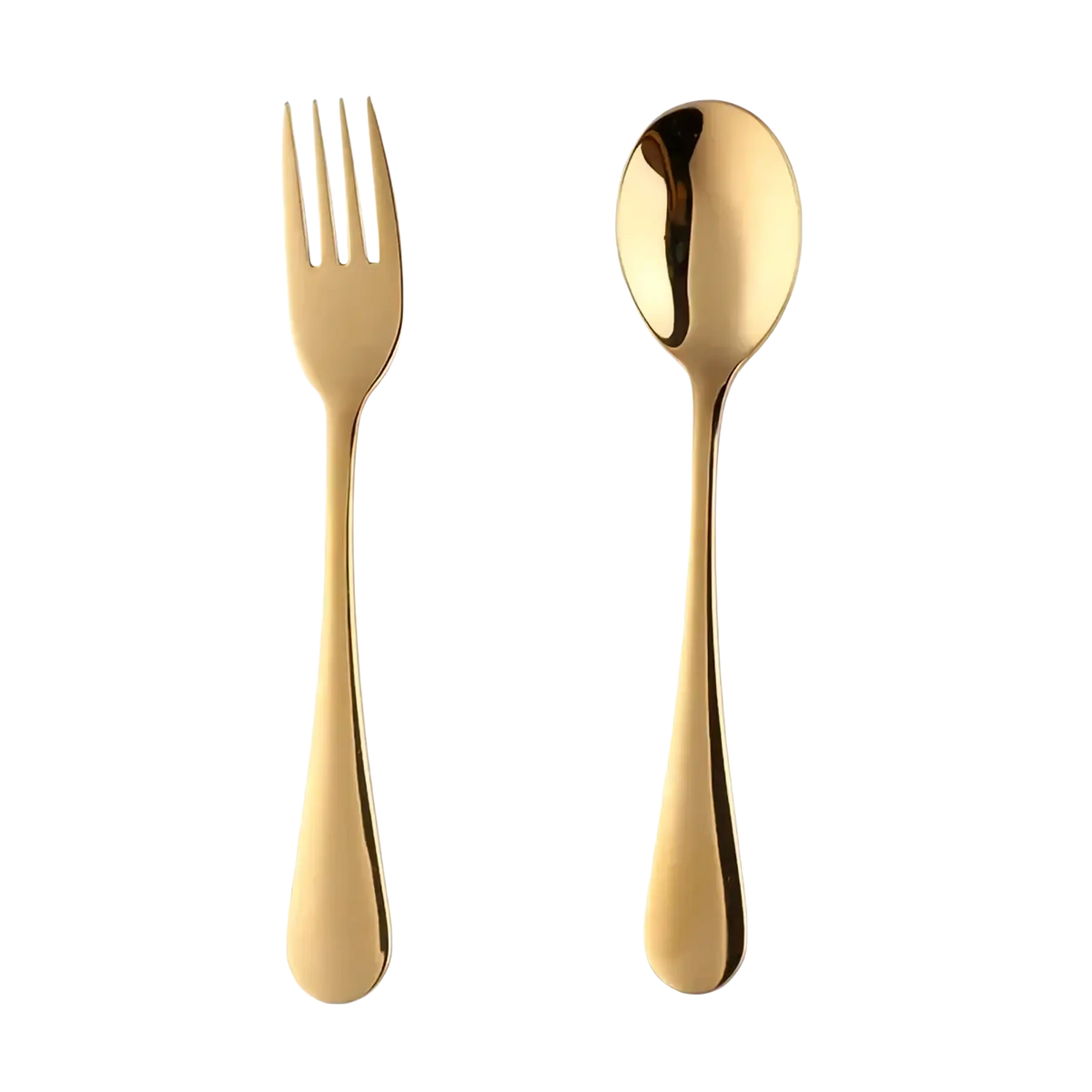 Kids stainless steel fork and spoon flatware set with gold finish featuring sleek modern design