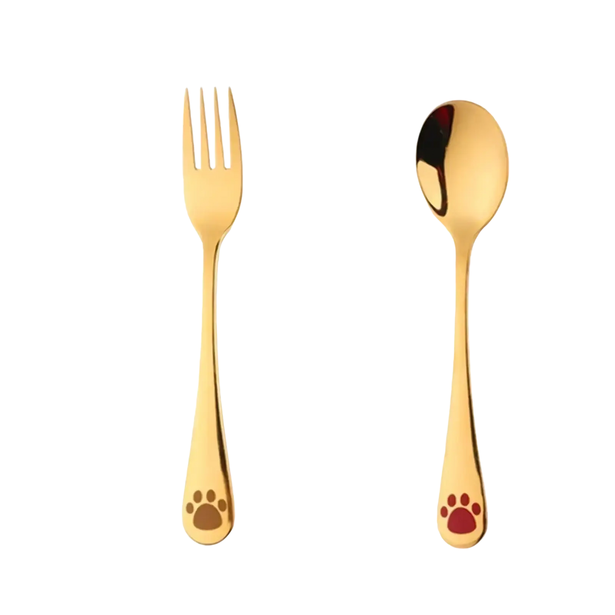 Kids stainless steel fork and spoon flatware set with golden finish and paw print designs on the handles