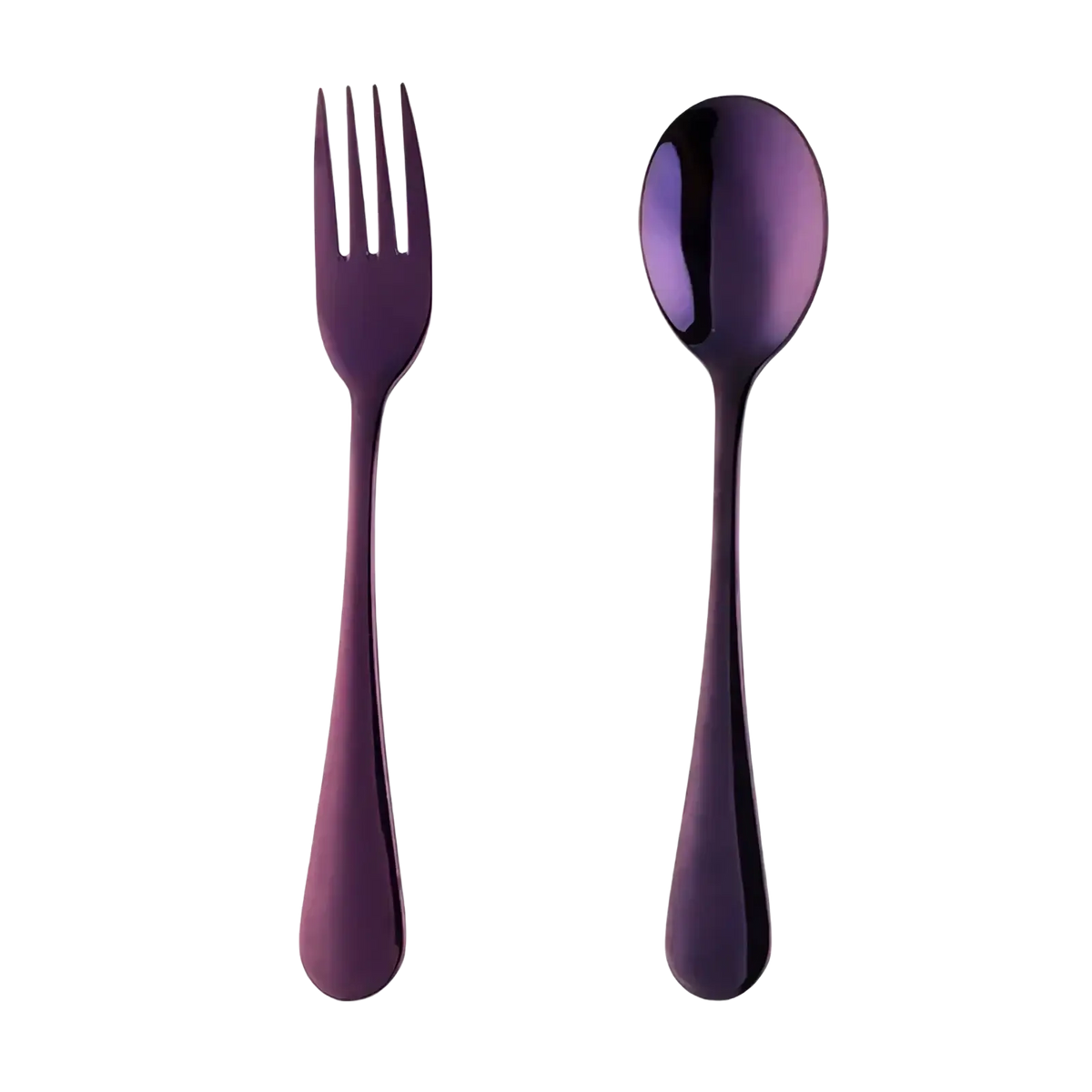 Kids stainless steel fork and spoon flatware set in purple metallic finish designed for children