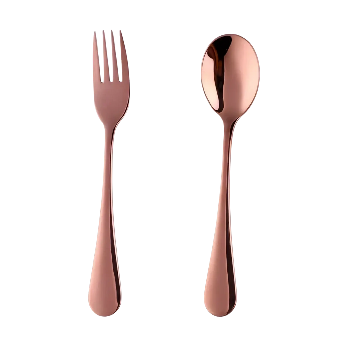 Kids stainless steel fork and spoon flatware set with rose gold finish and sleek modern design
