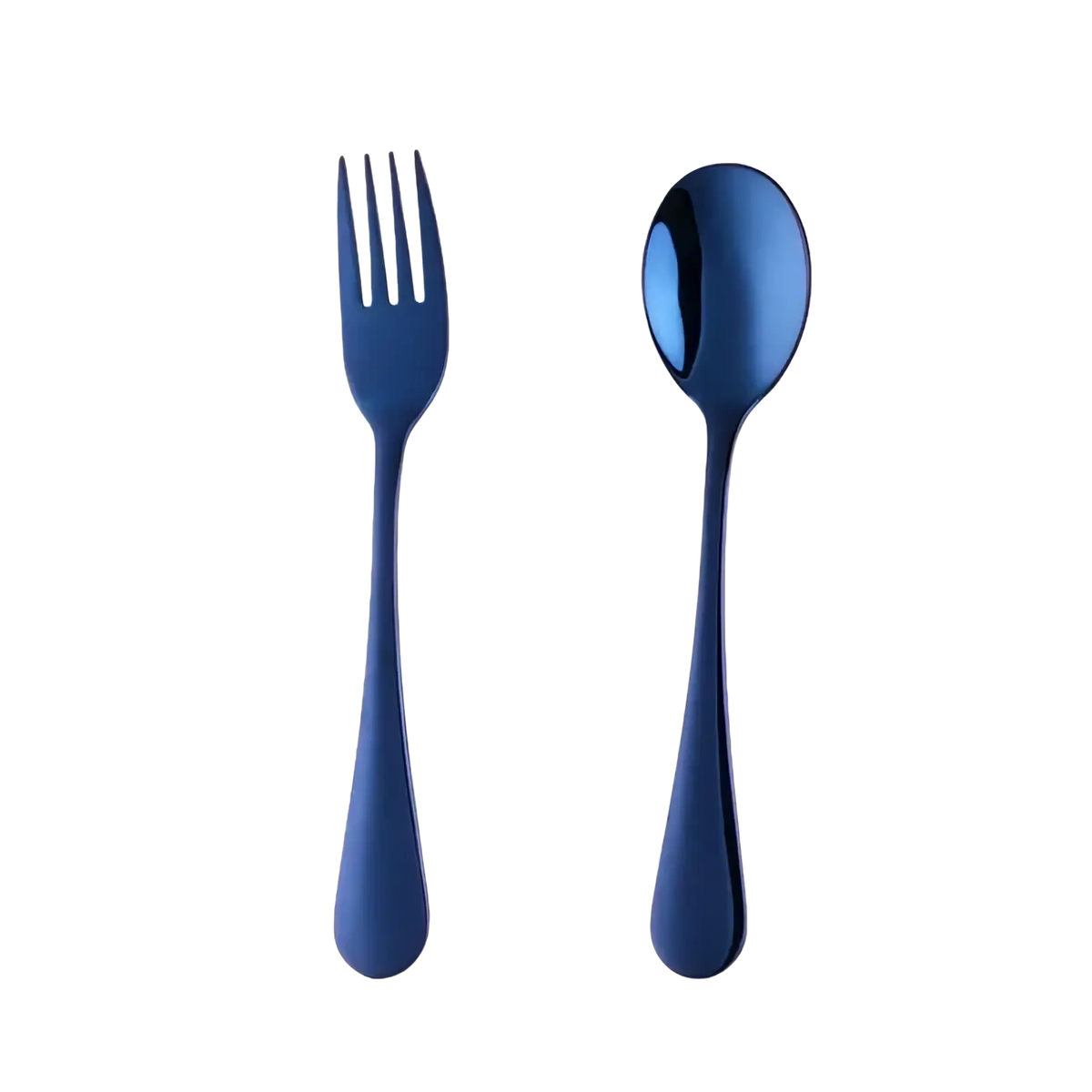 A sleek matte blue kids stainless steel fork and spoon flatware set with modern minimalist design