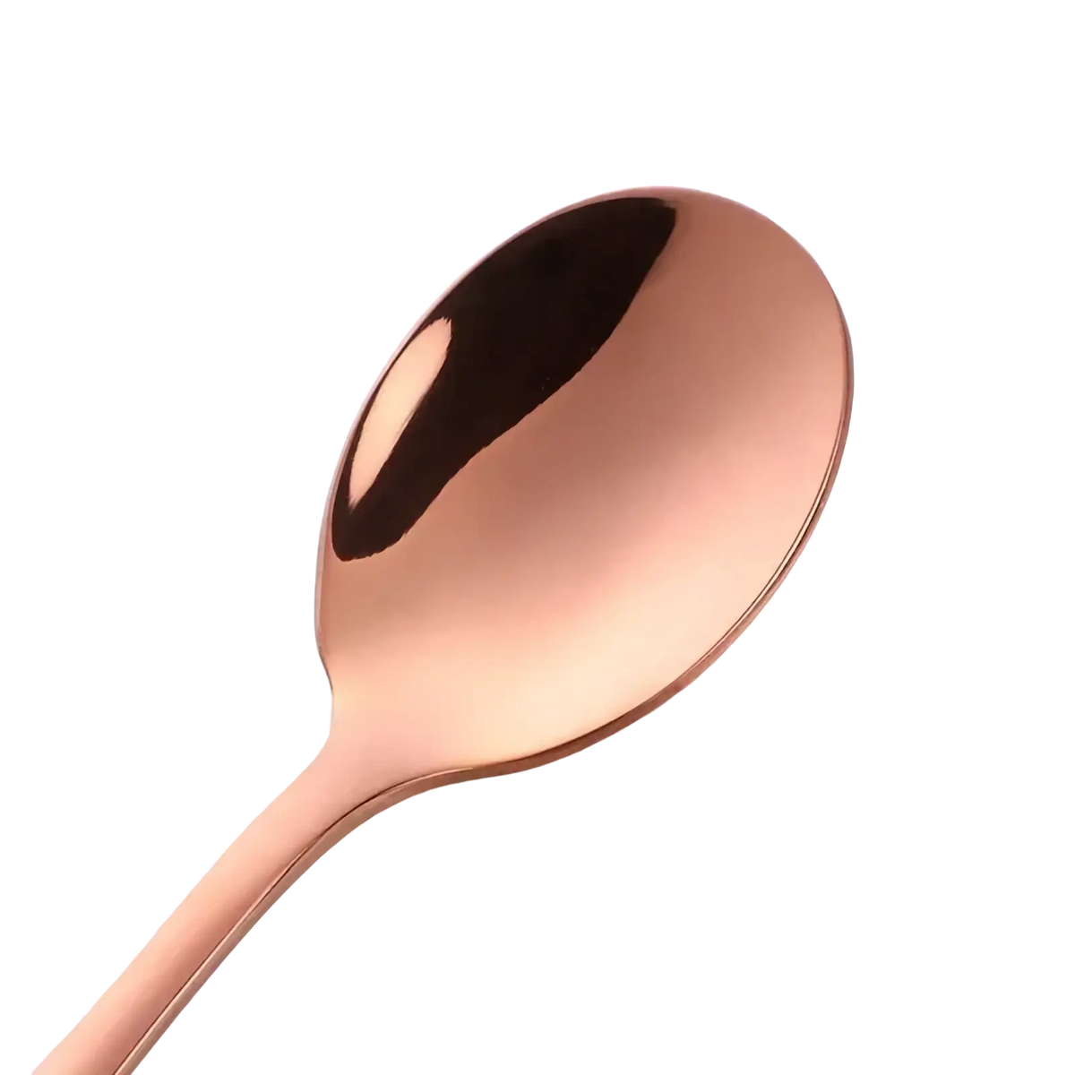 A sleek rose gold kids stainless steel spoon with smooth reflective surface and minimalist design in flatware set
