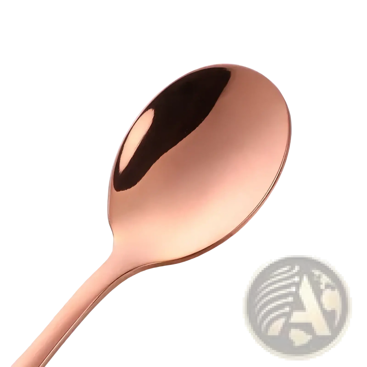 A sleek rose gold kids stainless steel spoon with smooth reflective surface and minimalist design in flatware set