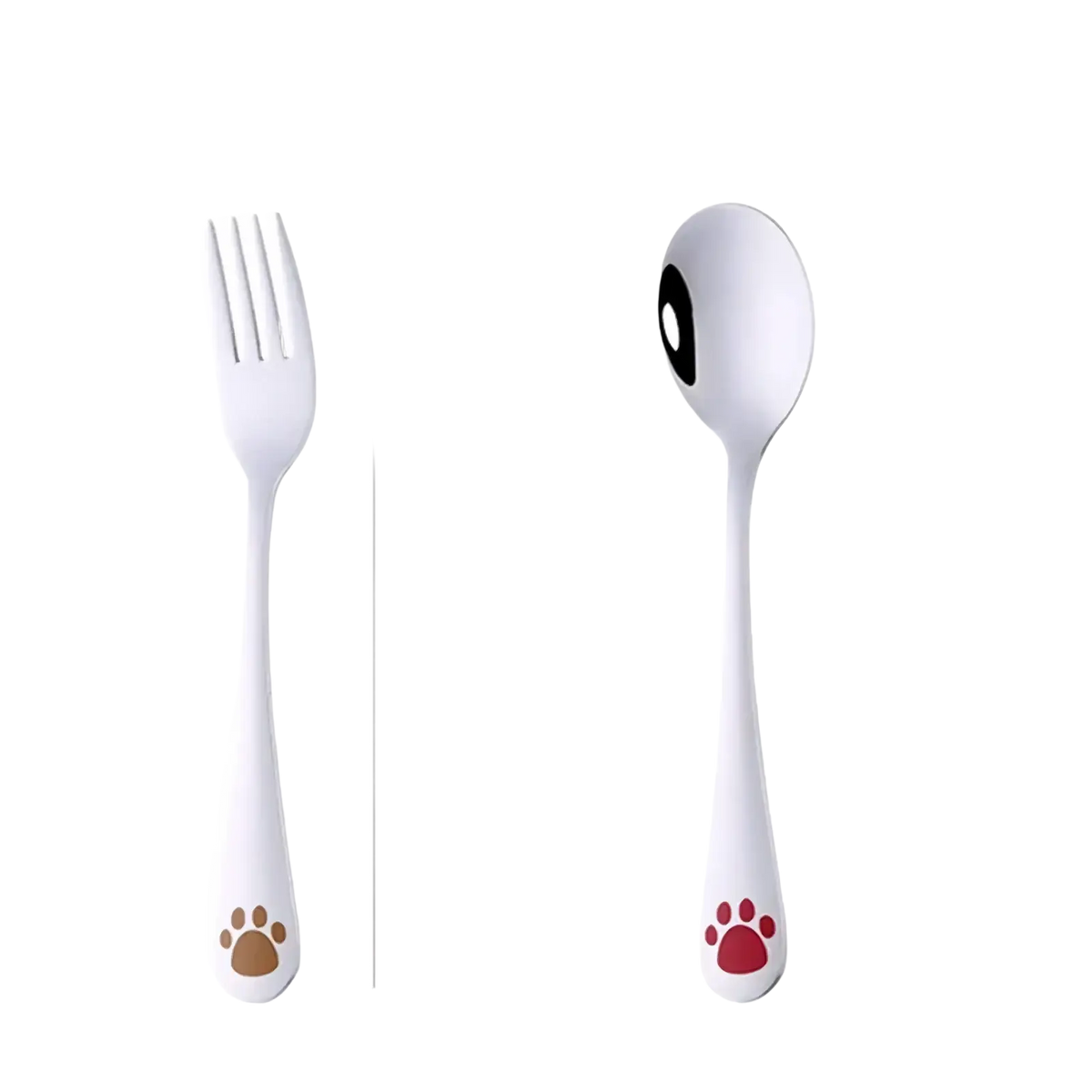 Kids stainless steel fork and spoon flatware set in white with brown and red paw print designs for children