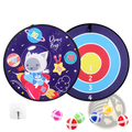 Kids sticky ball dart board featuring a purple circular target with cartoon astronaut cat and colorful scoring zones