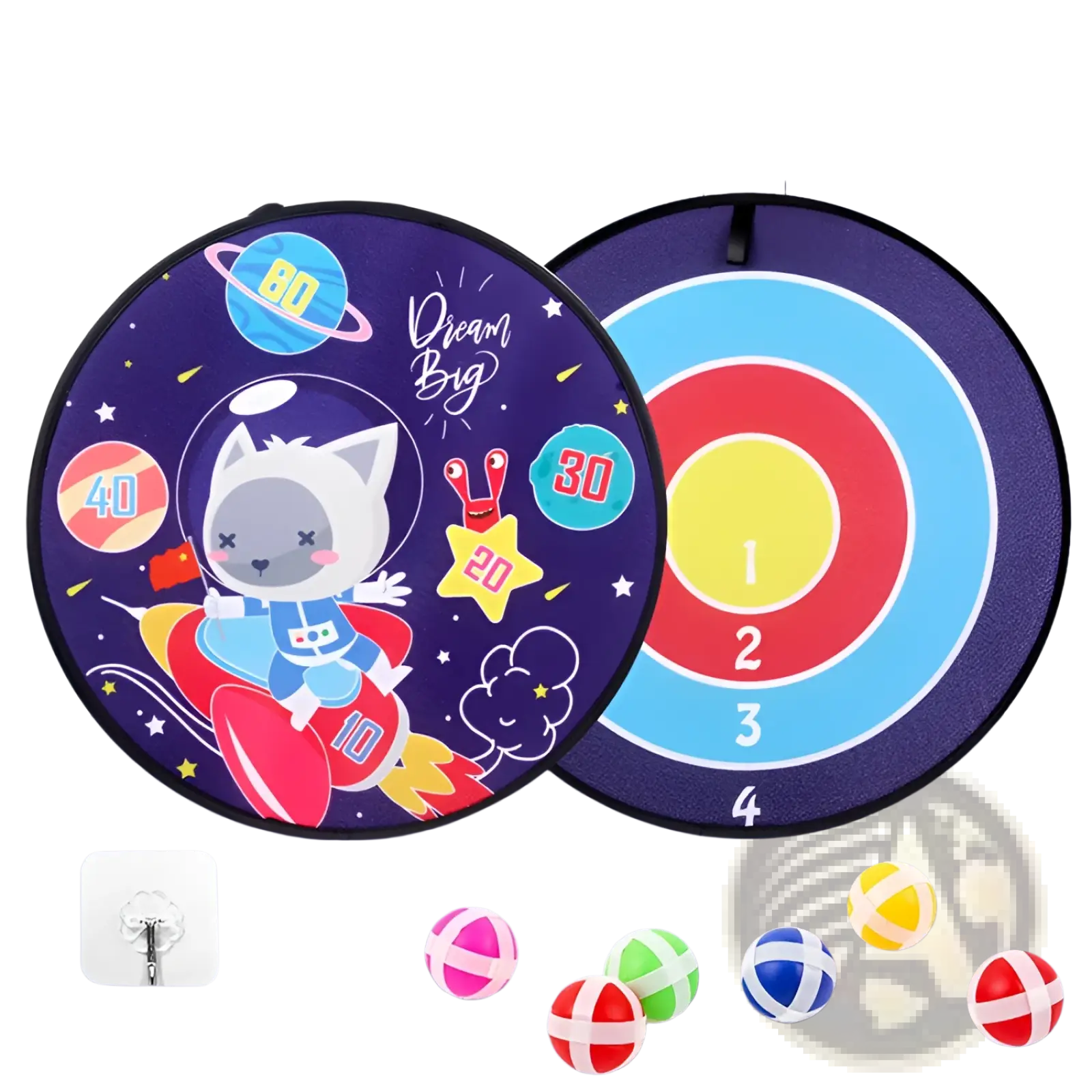 Kids sticky ball dart board featuring a purple circular target with cartoon astronaut cat and colorful scoring zones