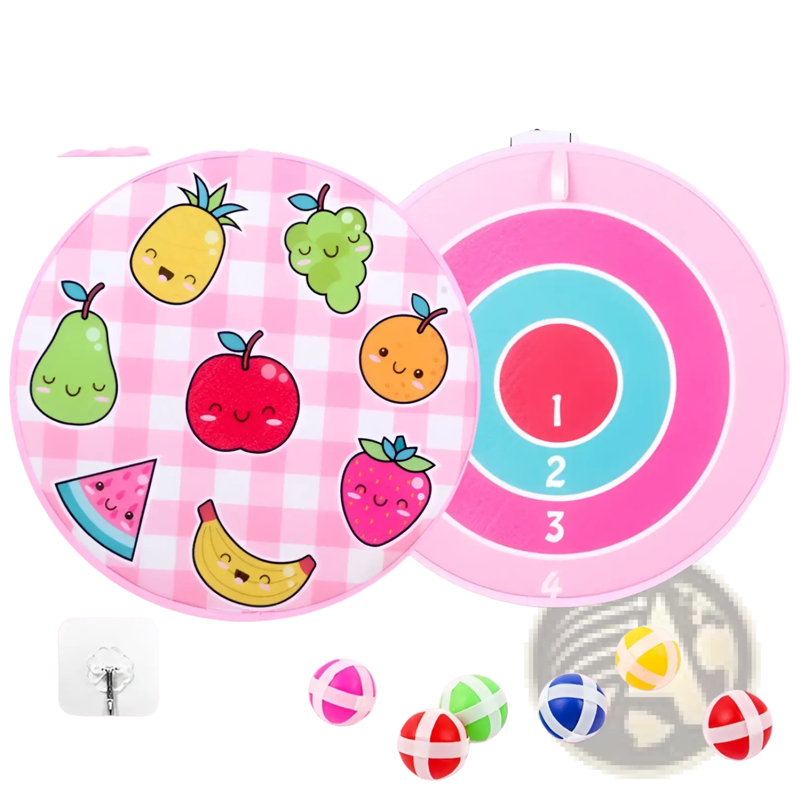 Kids sticky ball dart board cartoon target set pink circular fruit-themed double-sided with numbered targets and scoring rings