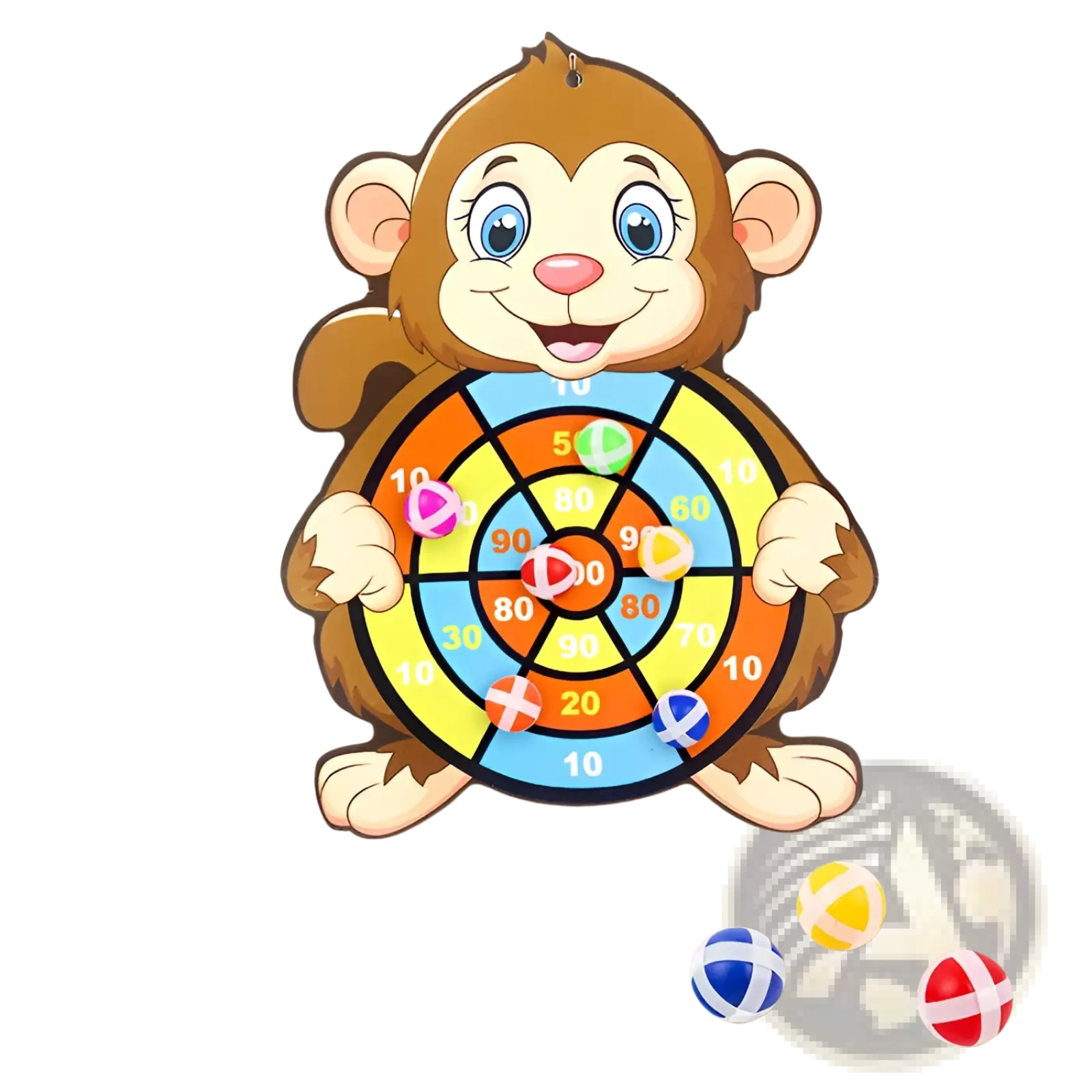 A cheerful brown monkey-shaped kids sticky ball dart board with colorful segmented target and multicolored balls nearby