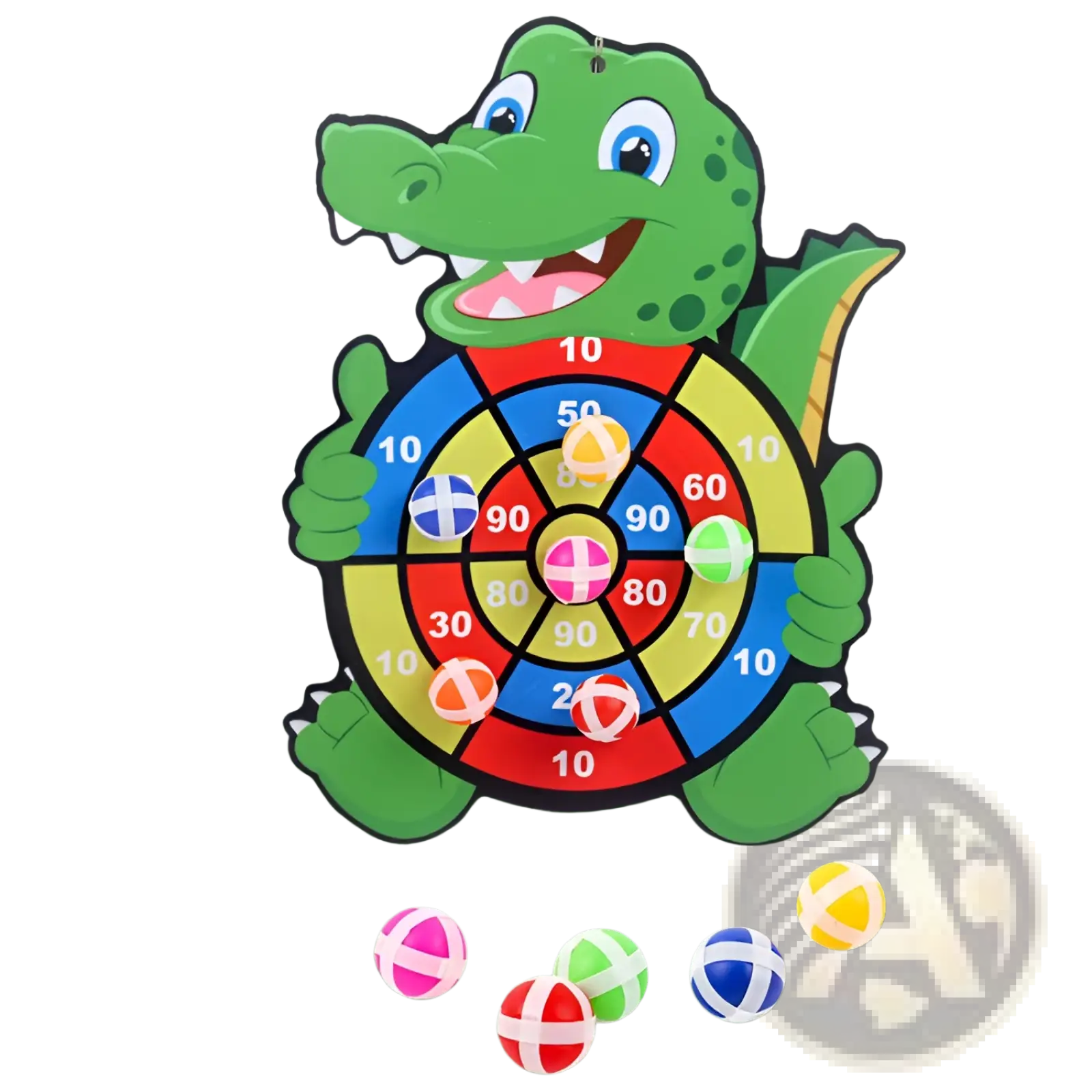 Kids sticky ball dart board featuring a green crocodile-shaped target with colorful segmented scoring zones and matching balls