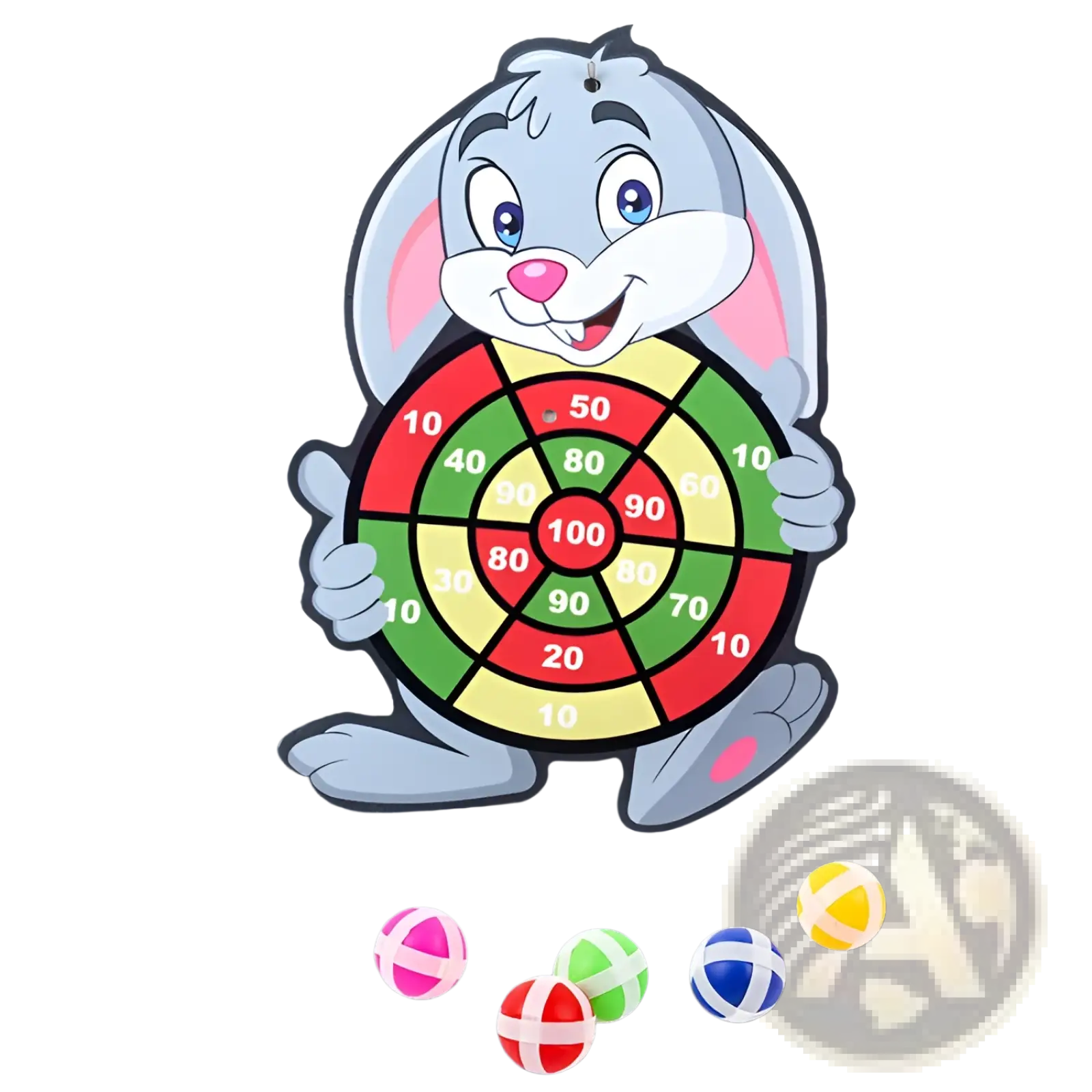 A cheerful gray cartoon rabbit holding a colorful segmented kids sticky ball dart board cartoon target set