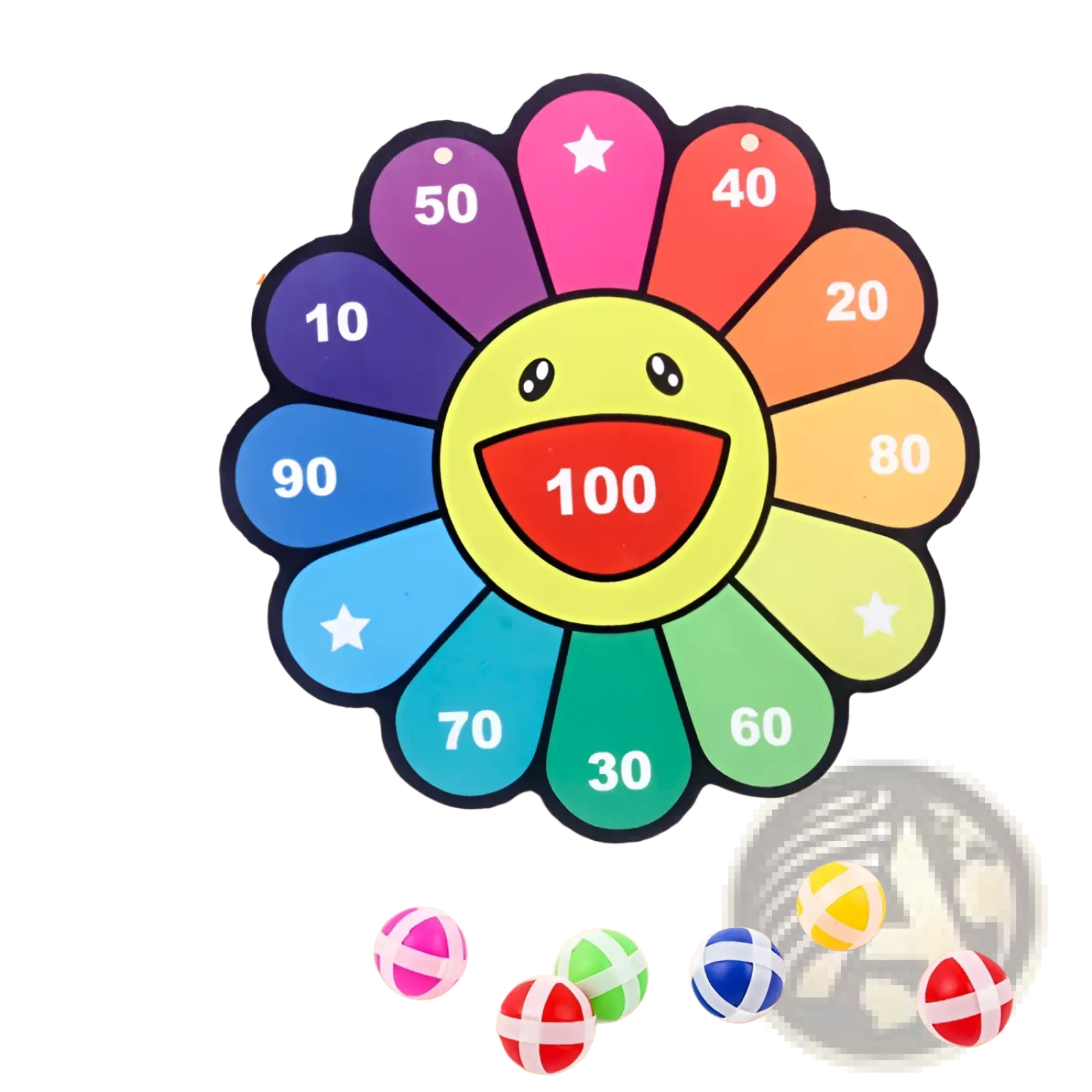 Kids sticky ball dart board cartoon target set with colorful flower-shaped board and smiling face center