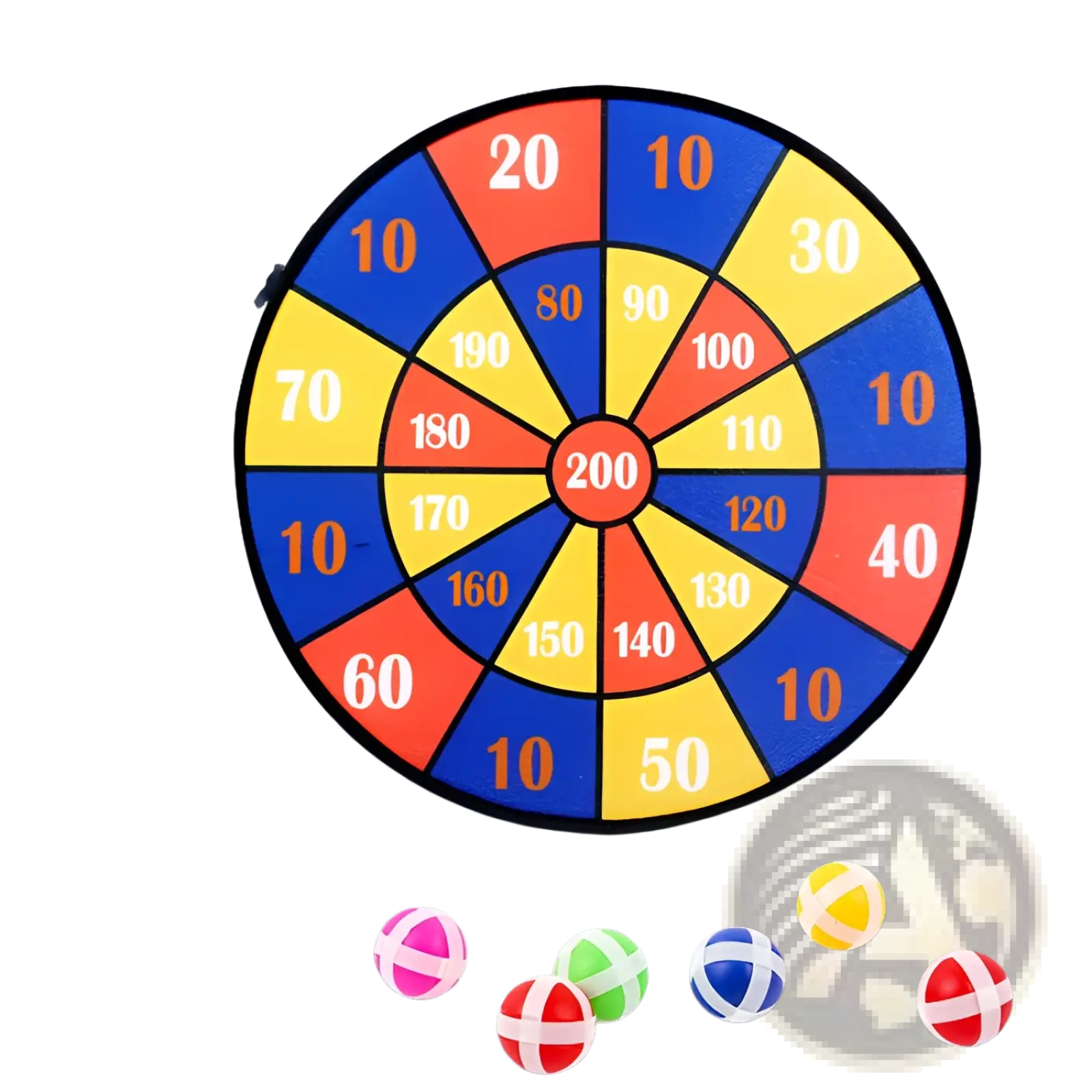 Colorful segmented kids sticky ball dart board with numbered scoring zones in red blue and yellow for target play