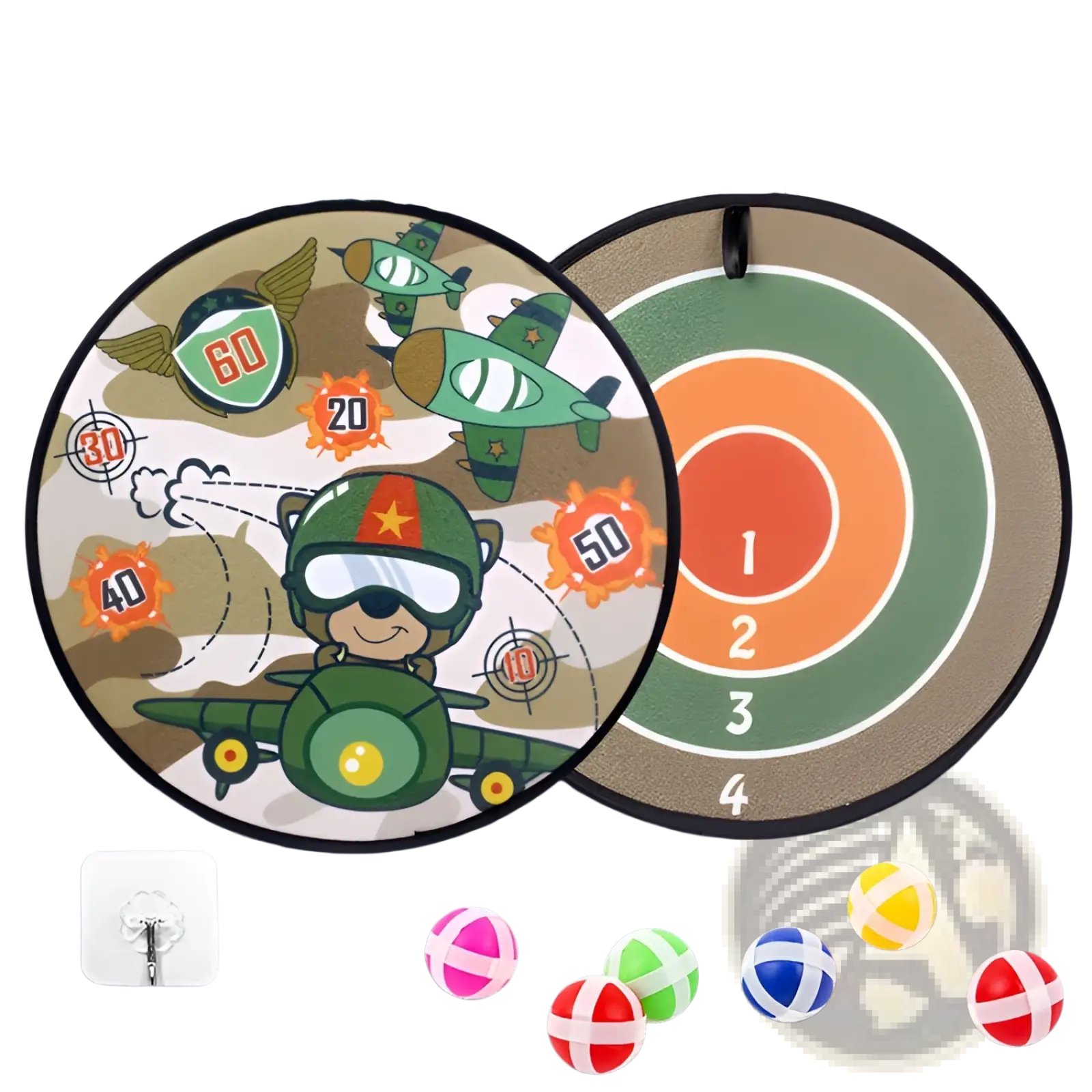 Kids sticky ball dart board cartoon target set featuring a colorful circular target with a pilot and airplanes design