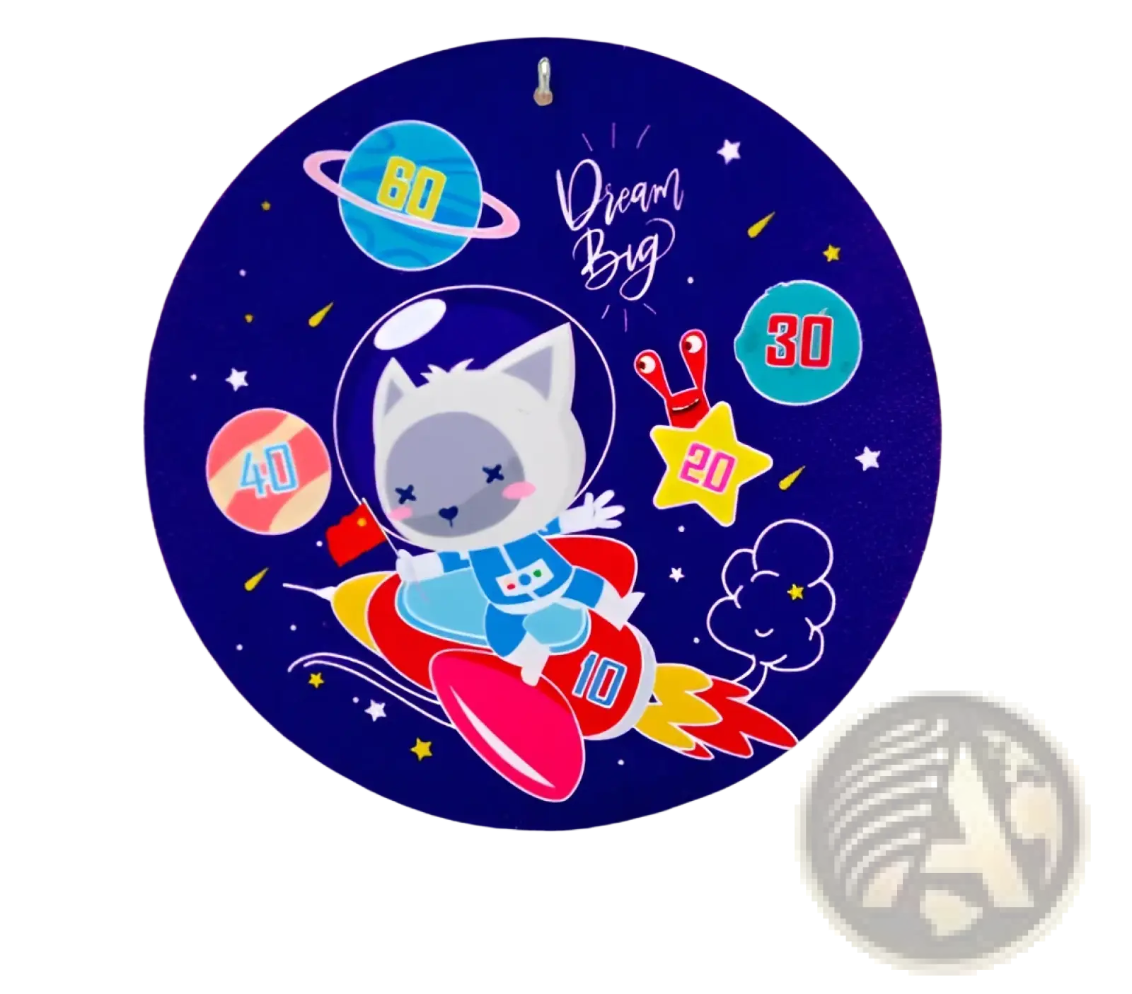 A round blue wall-mounted kids sticky ball dart board featuring a cartoon cat astronaut on a rocket with colorful scoring zones