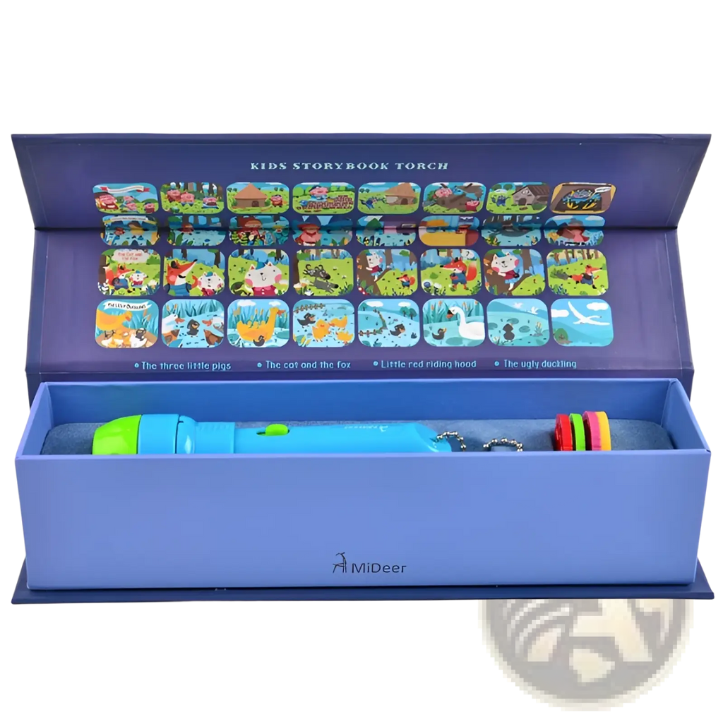 Blue and green kids storybook torch projector led fairy tale toy with colorful cartoon illustrations on packaging