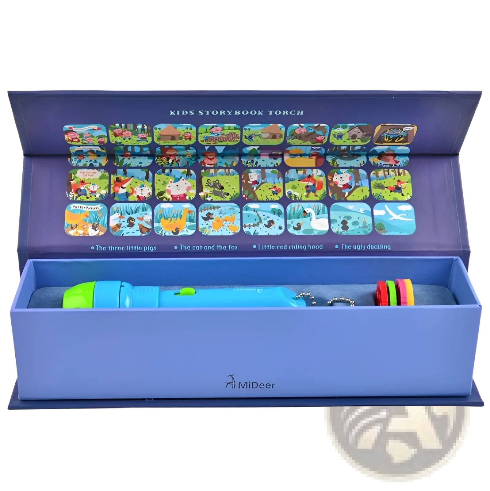 Blue and green kids storybook torch projector led fairy tale toy with colorful cartoon illustrations on packaging
