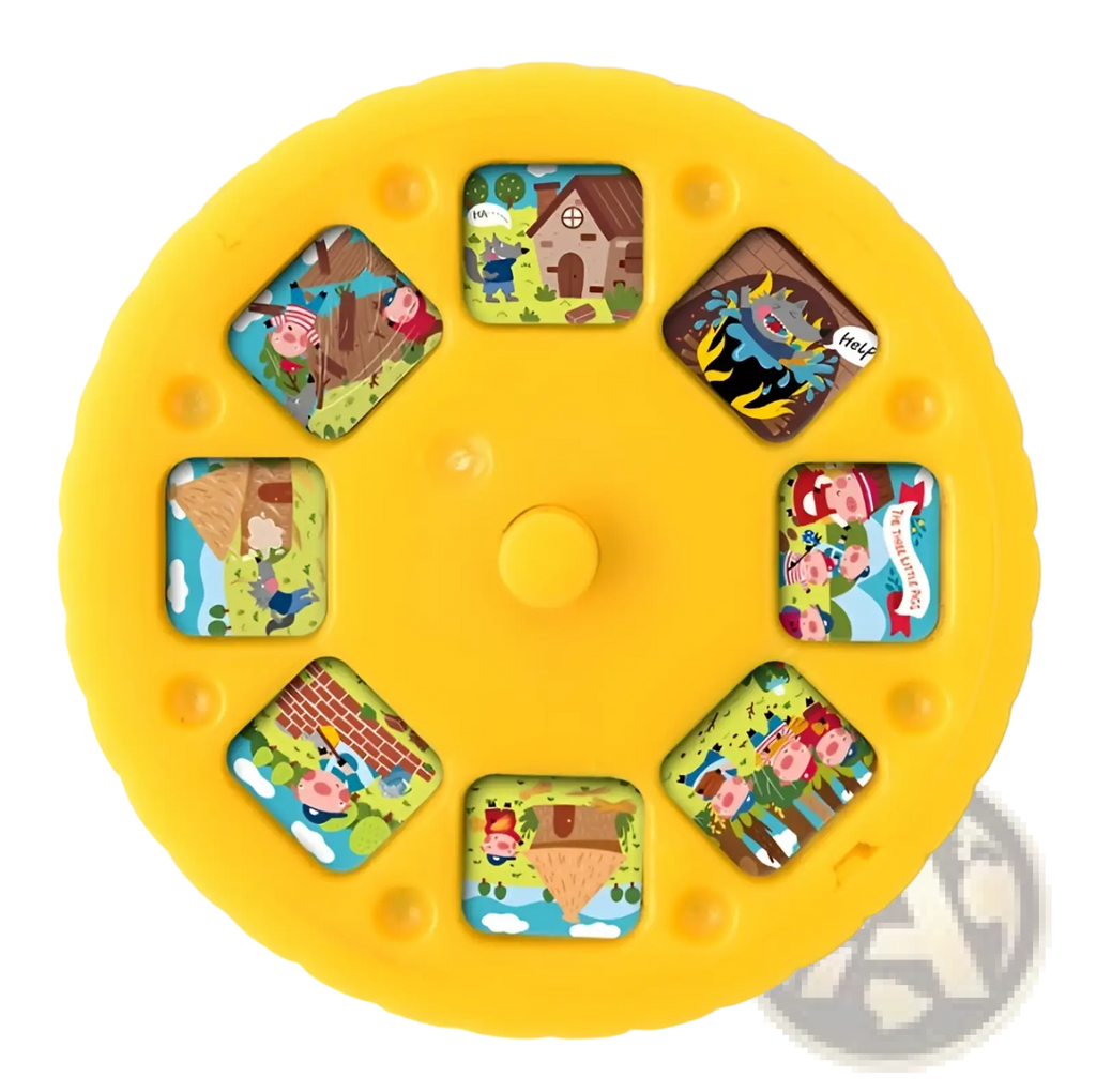Bright yellow circular kids storybook torch projector with six peppa pig fairy tale scenes in diamond windows