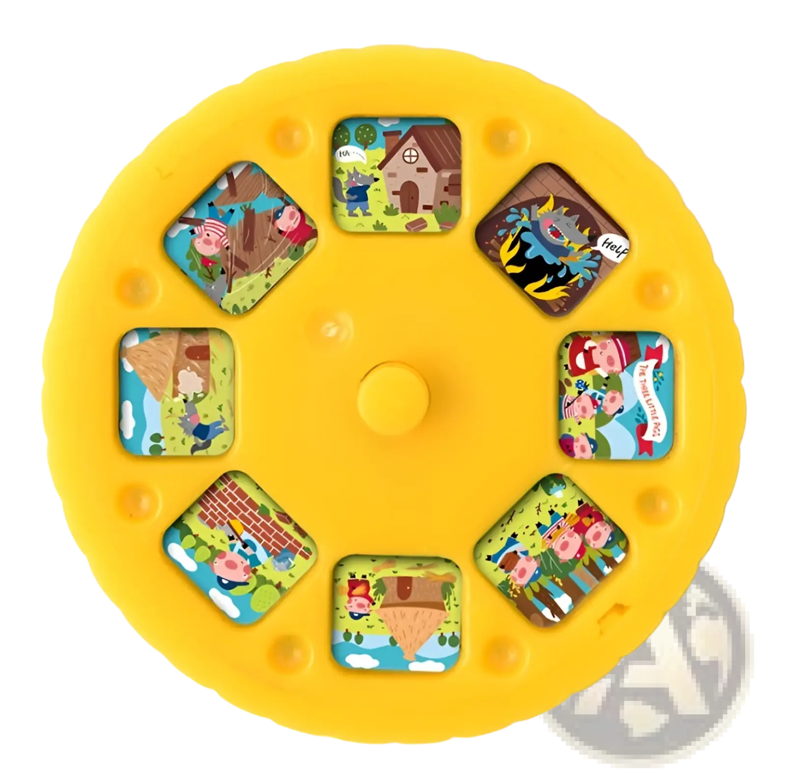 Bright yellow circular kids storybook torch projector with six peppa pig fairy tale scenes in diamond windows