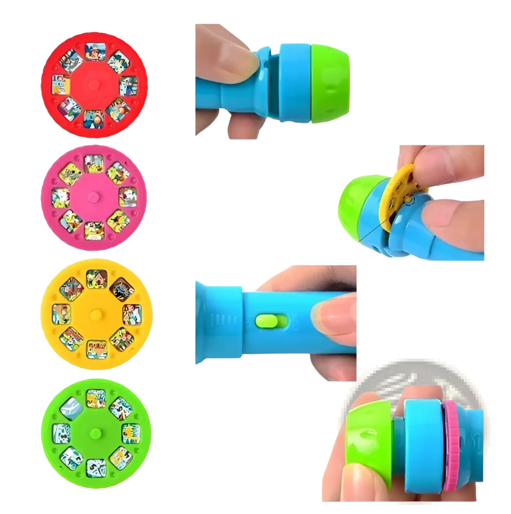 Kids storybook torch projector led fairy tale toy in blue and green plastic with colorful circular film slots for stories