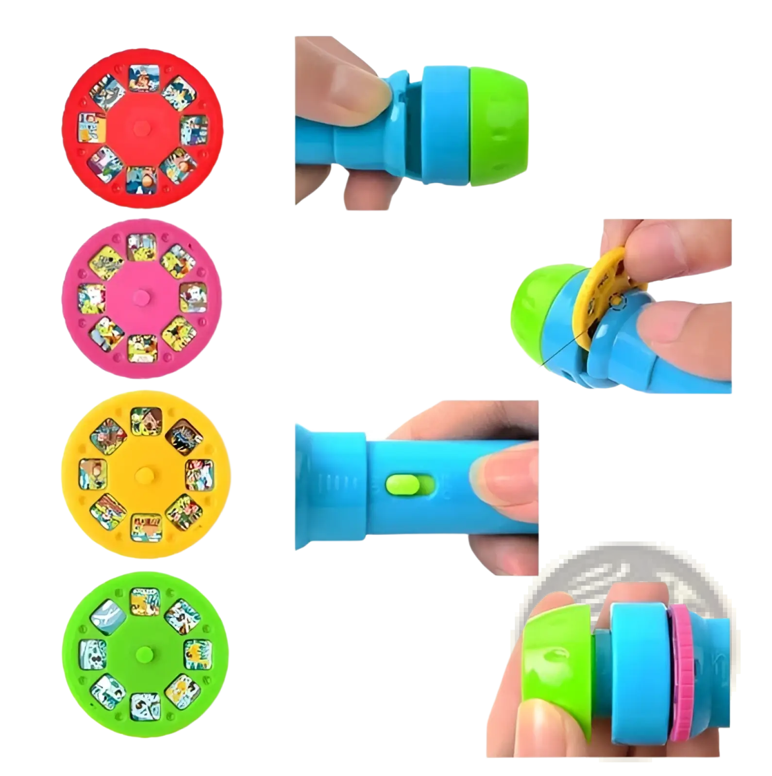 Kids storybook torch projector led fairy tale toy in blue and green plastic with colorful circular film slots for stories