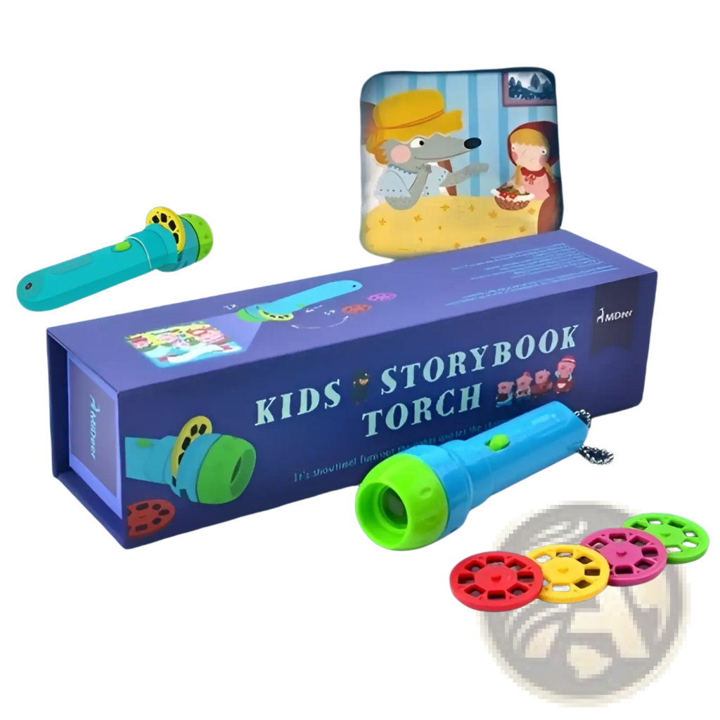 Blue and green kids storybook torch projector led toy with colorful circular projection discs for fairy tale stories