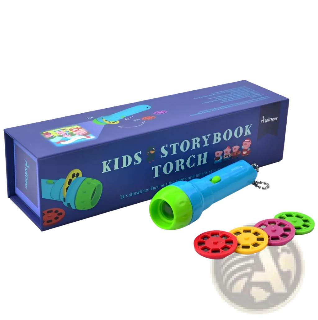 Kids storybook torch projector led fairy tale toy in blue and green with colorful film reels for children