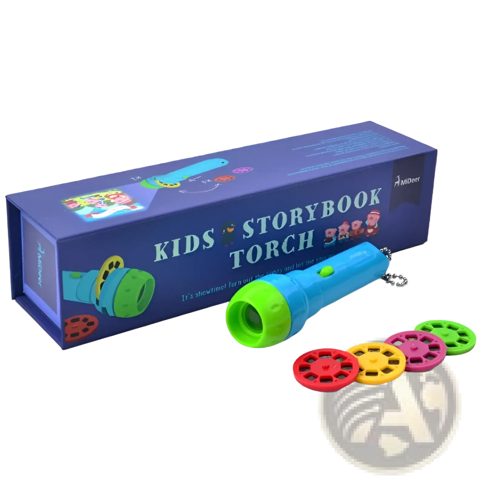 Kids storybook torch projector led fairy tale toy in blue and green with colorful film reels for children
