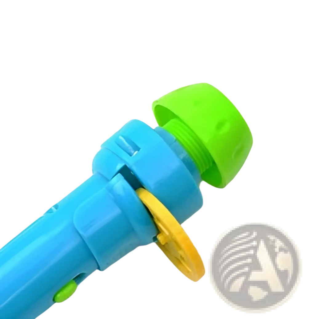 Bright blue plastic kids storybook torch projector led fairy tale toy with lime green top and yellow circular detail