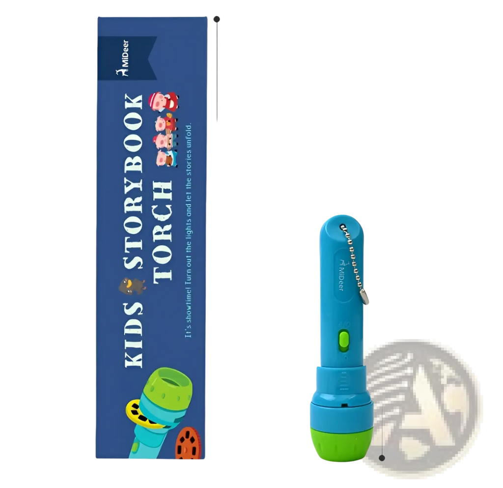 Blue and green kids storybook torch projector led fairy tale toy with keychain attachment for portable use