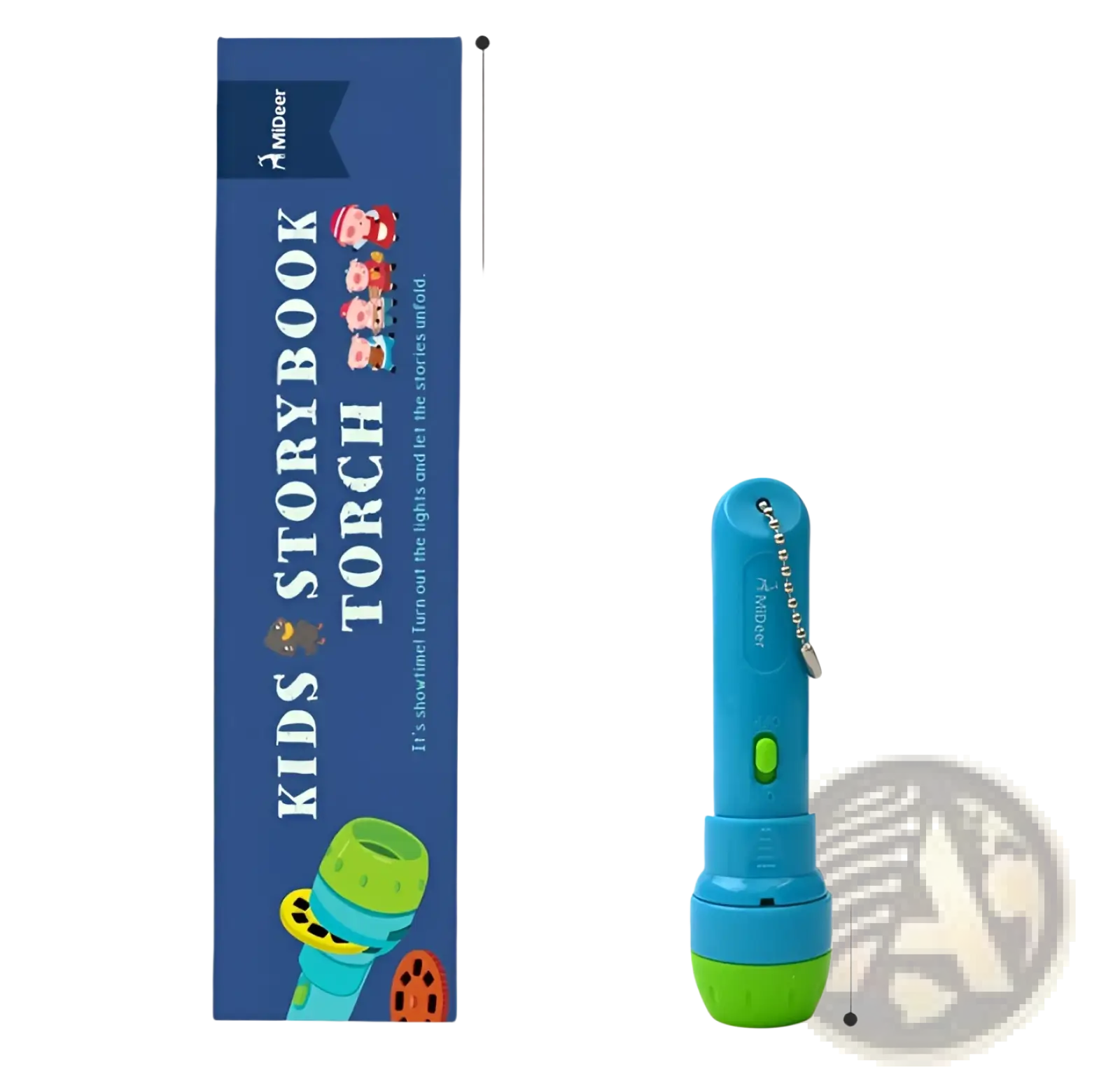 Blue and green kids storybook torch projector led fairy tale toy with keychain attachment for portable use