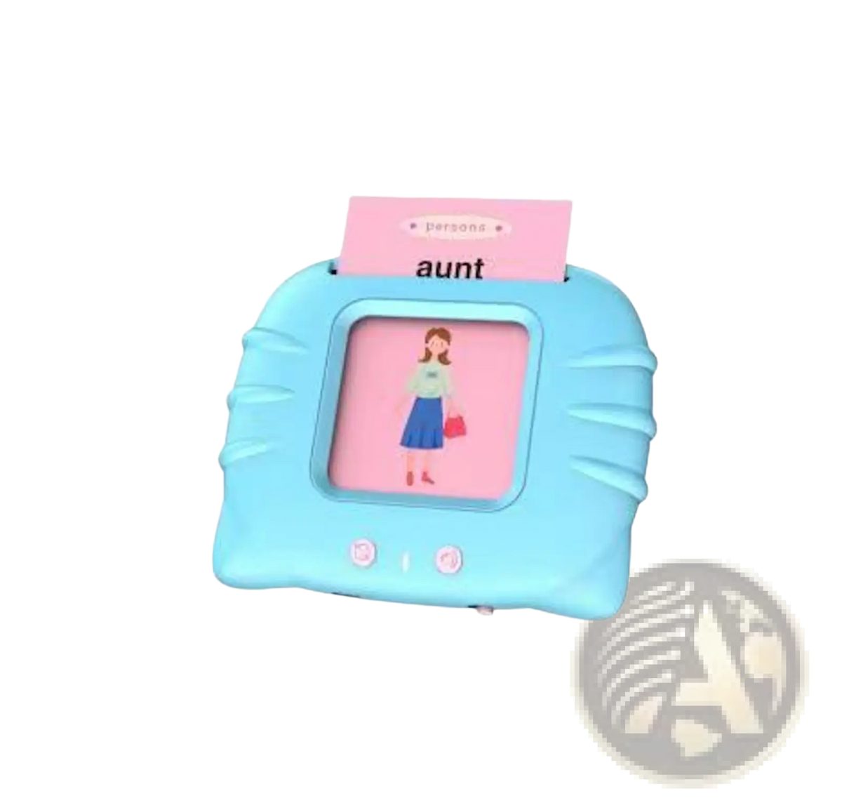Light blue plastic kids talking flash cards tablet with pink screen showing woman labeled aunt and matching card above
