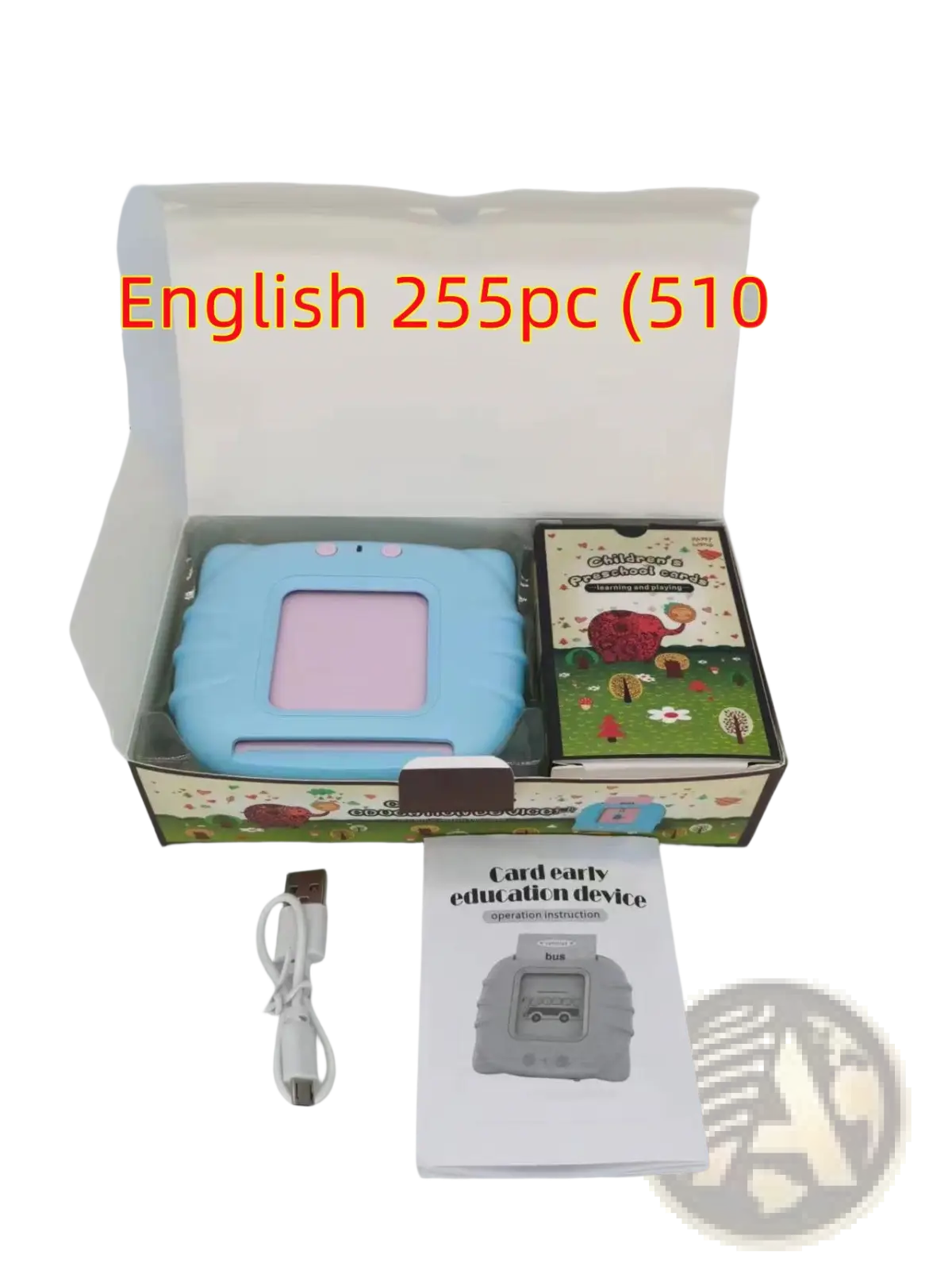 Light blue plastic kids talking flash cards early learning tablet with a pink screen and rounded edges