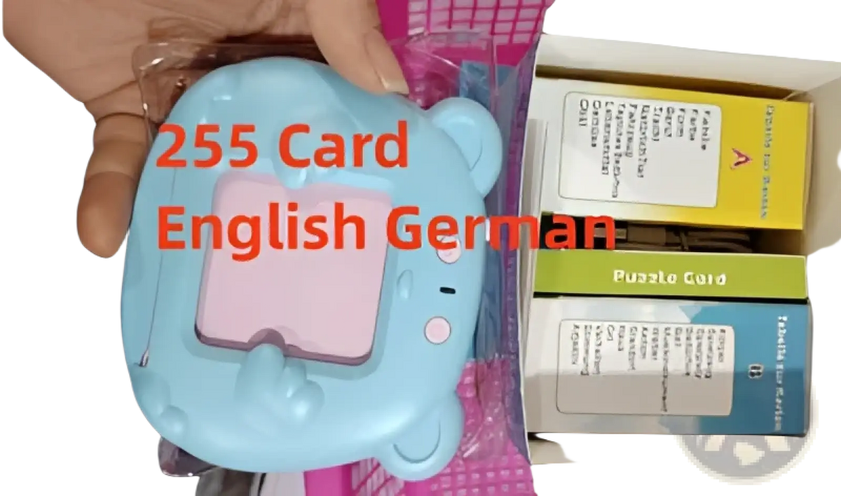 Light blue plastic bear-shaped card holder with pink interior and buttons for kids talking flash cards early learning tablet