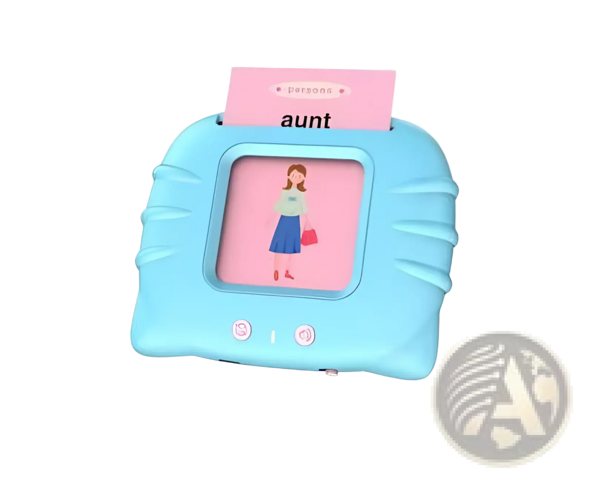 Light blue plastic kids talking flash cards with pink aunt card and woman illustration for french english learning