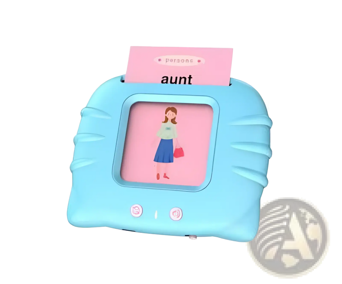 Light blue plastic kids talking flash cards tablet with screen showing woman labeled aunt and pink card above