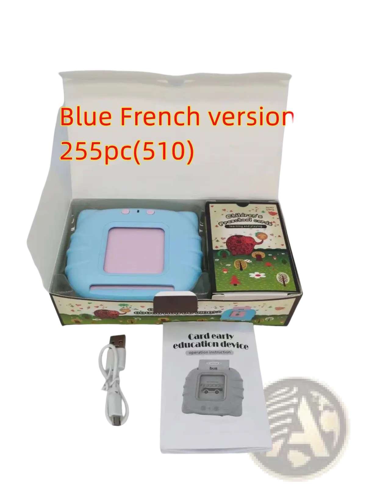 Light blue child-friendly educational tablet with rounded edges and pink screen for kids talking flash cards early learning