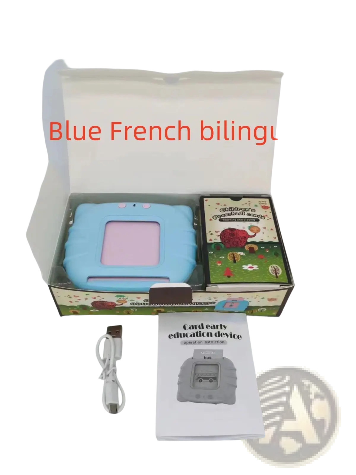 Light blue child-friendly kids talking flash cards early learning tablet with pink screen and rounded edges