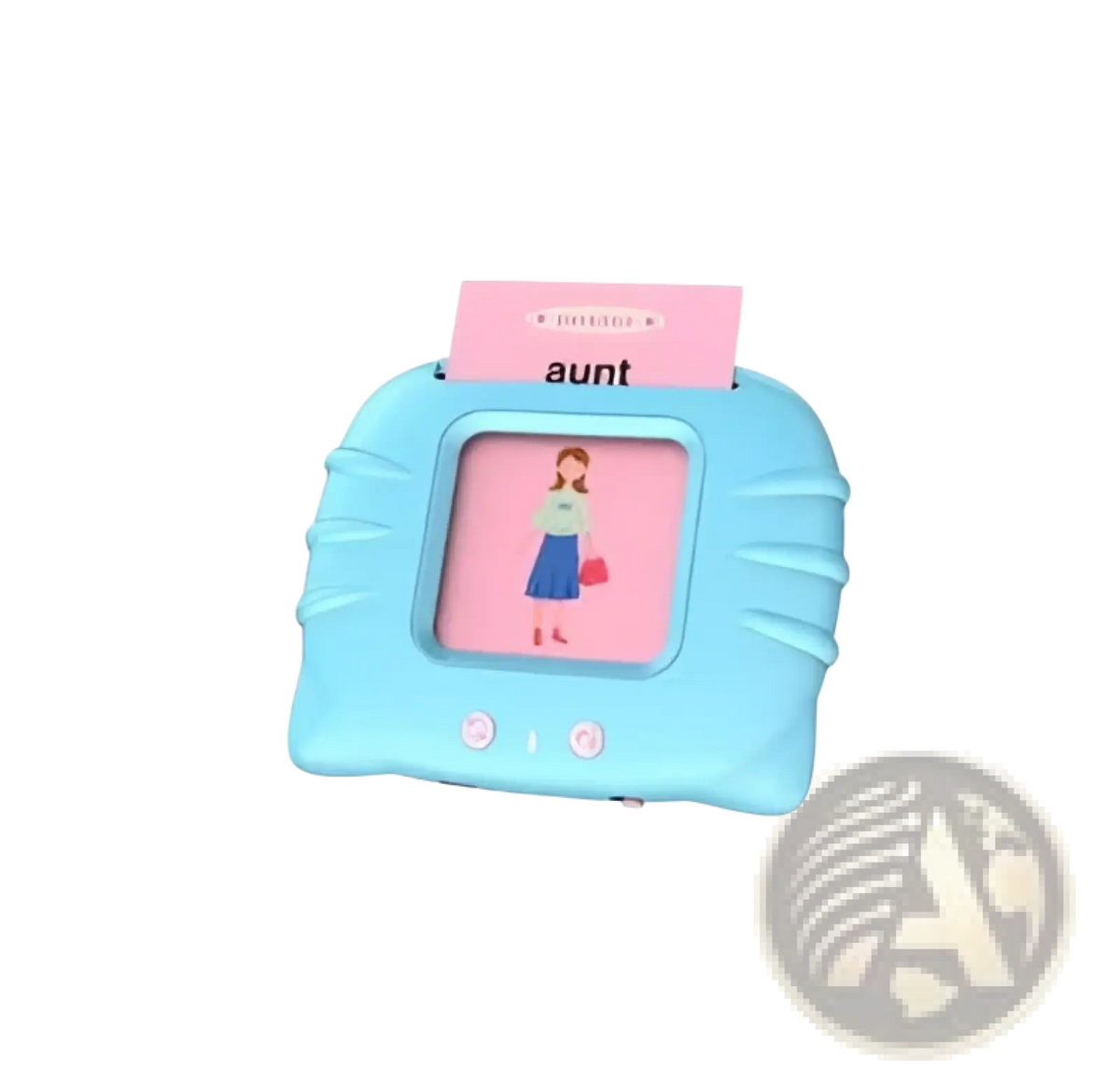 Light blue plastic kids talking flash cards learning tablet with pink card showing cartoon girl and word aunt on screen