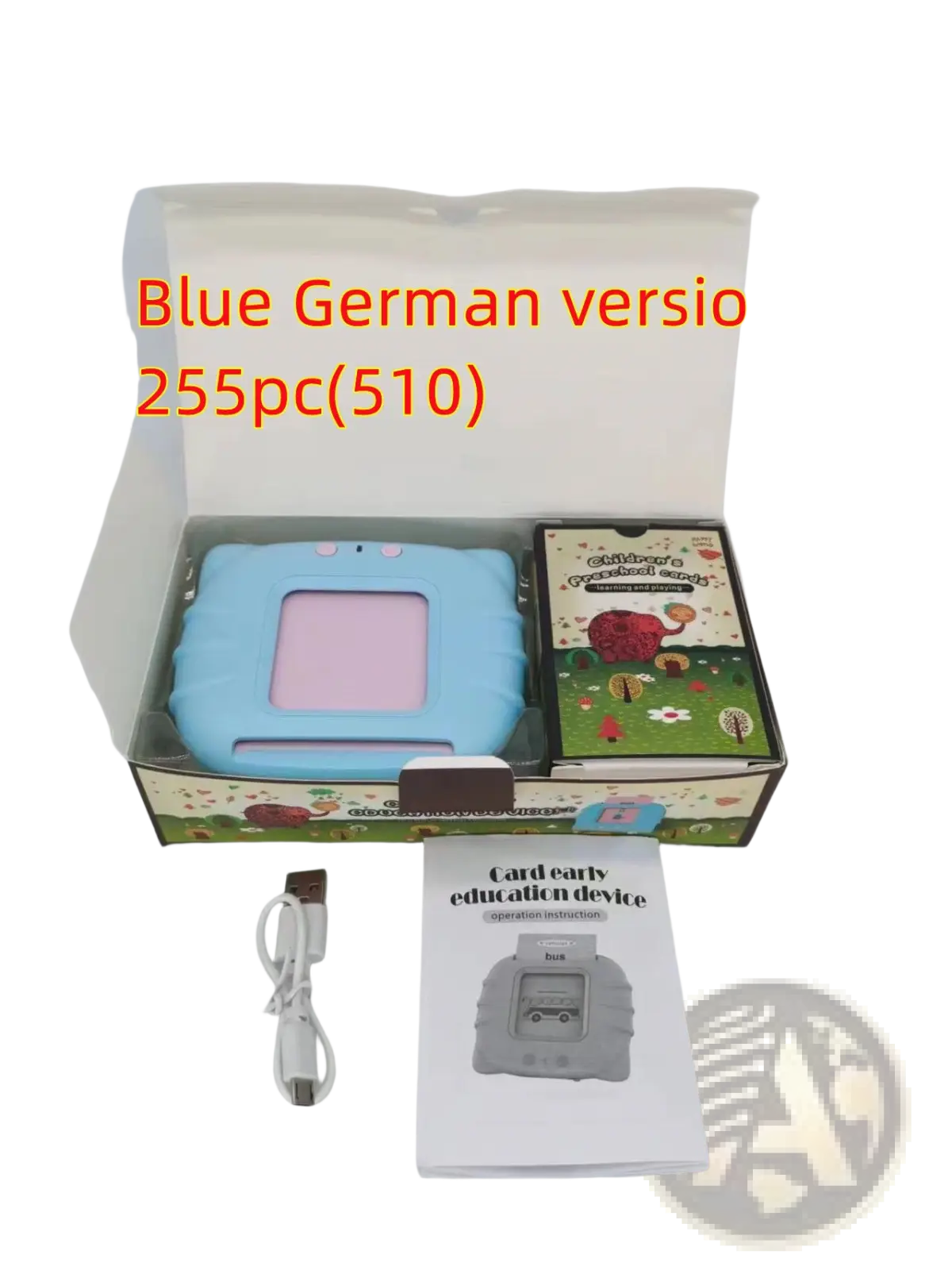 Light blue plastic kids talking flash cards early learning tablet with a pink screen and rounded edges for children