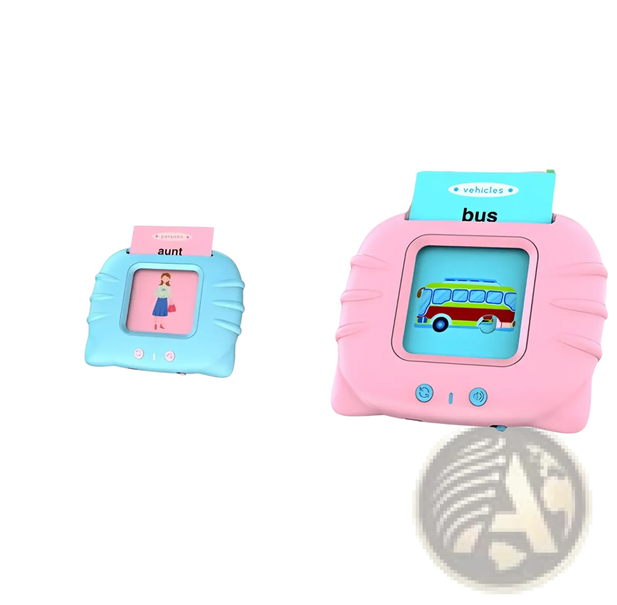 Kids talking flash cards early learning tablet with pink and light blue textured rounded plastic casing for children