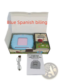 Light blue plastic handheld bilingual learning tablet with pink screen for kids talking flash cards early learning use