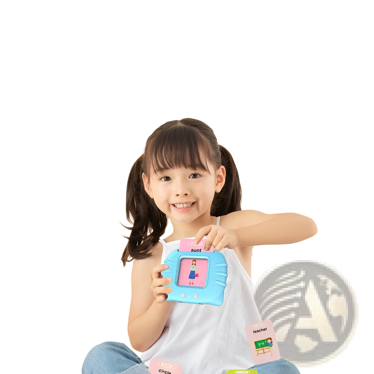 Light blue plastic kids talking flash cards tablet with pink accents and a screen displaying a woman image