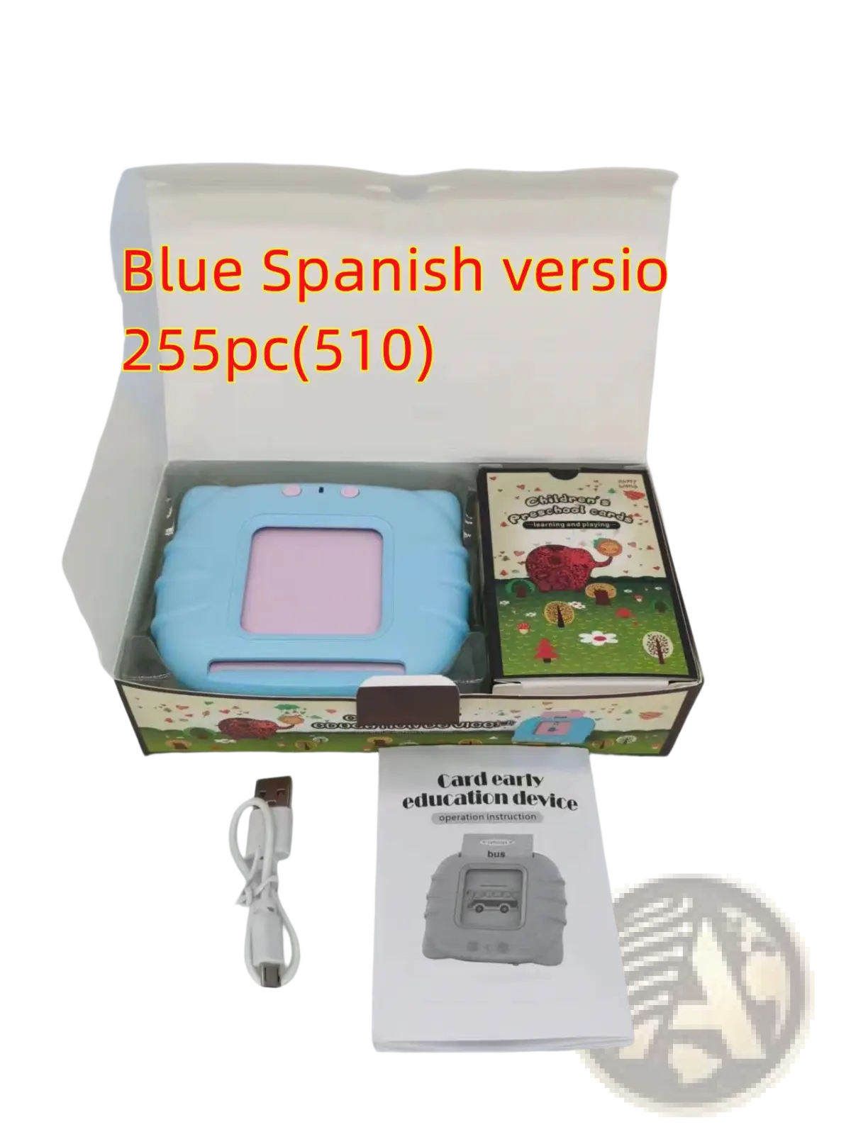 Light blue plastic kids talking flash cards early learning tablet with pink screen and rounded edges for education