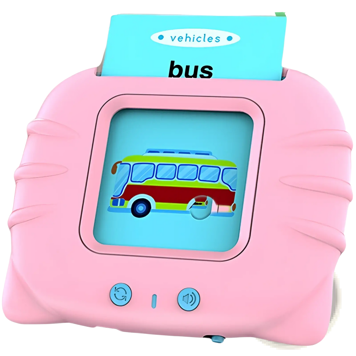Pink kids talking flash cards early learning tablet with colorful bus on screen and vehicles card in top slot