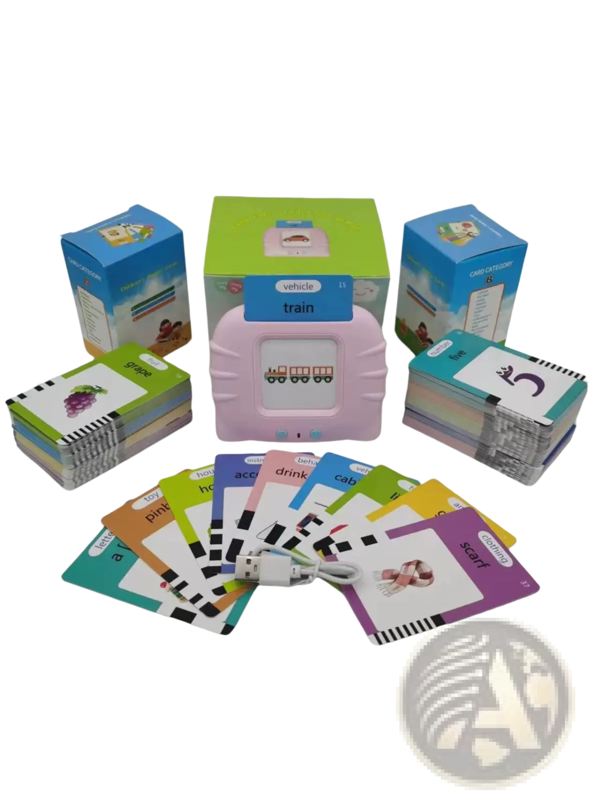 Pink plastic toy train-shaped kids talking flash cards early learning tablet with screen showing train word and illustration