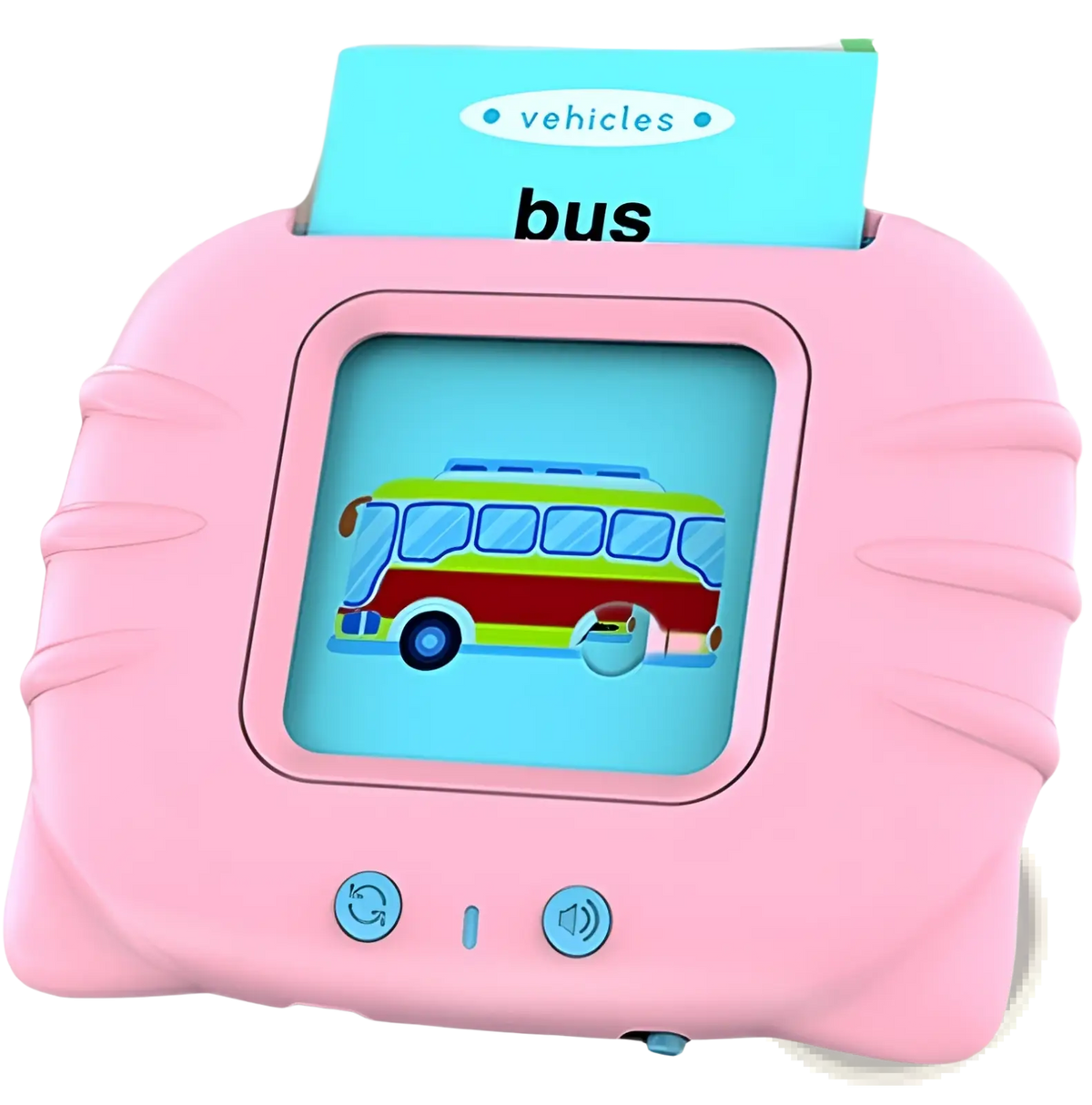 Pink children’s bilingual learning tablet with colorful bus illustration and matching card slot for early learning flash cards