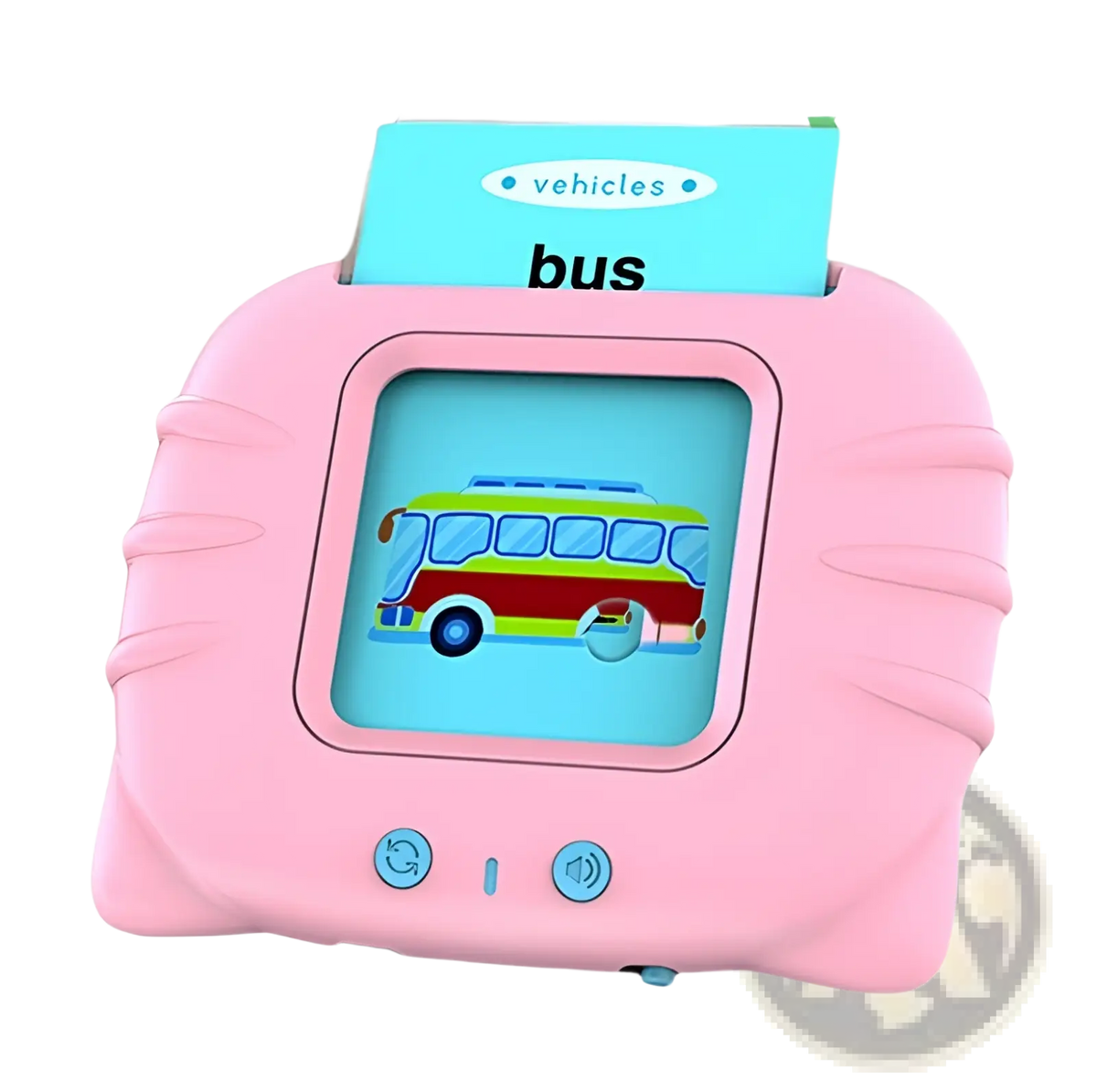 Pink children’s bilingual learning tablet displaying a colorful bus with a vehicles card slot for early learning use